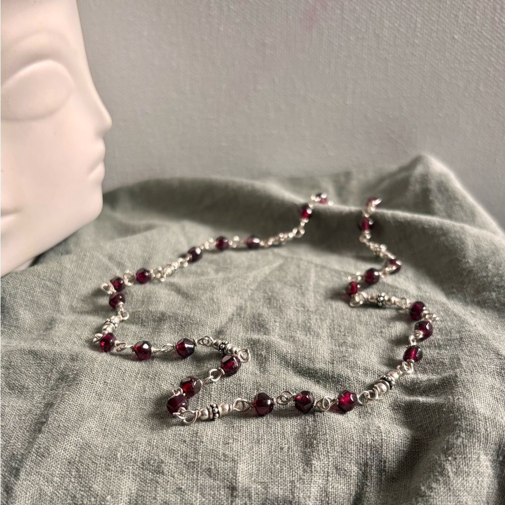 Silver Chain Necklace with Deep Red Beads
